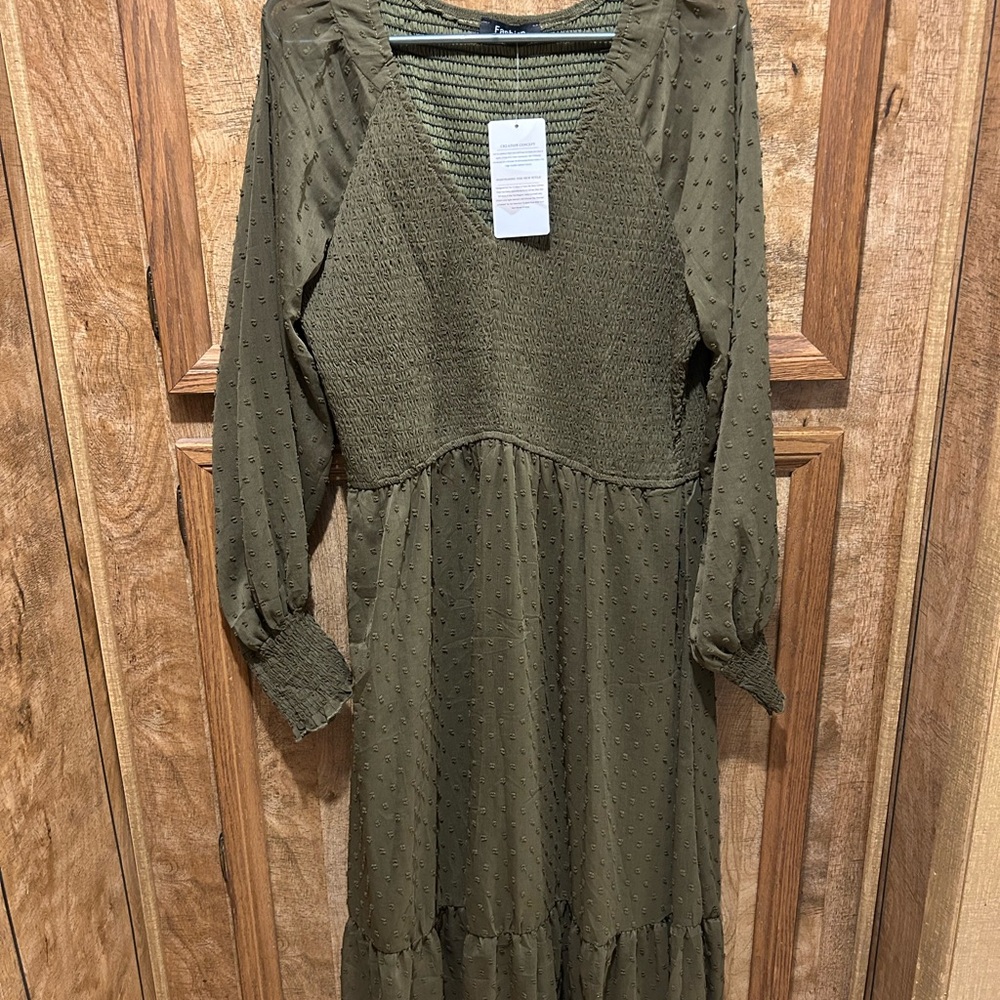 Elegant Olive Green Smocked Dress